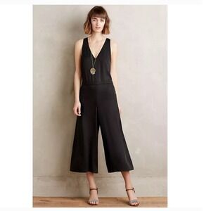 Antropology Elevenses Black ‎ Wide Leg V-neck Jumpsuit Cropped  Side M